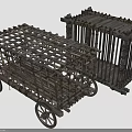 Ancient Wooden Cages Featuring Wheeled Prison Cart And Stationary Structure Design