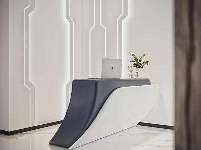 Modern Curved Reception Desk With White Blue Design And Geometric Wall Pattern Laptop Potted Plant 3d model