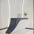 Modern Curved Reception Desk With White Blue Design And Geometric Wall Pattern Laptop Potted Plant