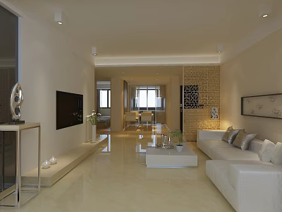 Modern Living and Dining Room Interior With White Sofa TV Coffee Table Open Layout 3d model