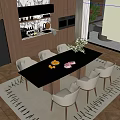 Elegant Dining Room With Glass Table Beige Chairs Flower Vase Fresh Fruits And Patterned Rug