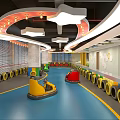 Indoor Playground With Bumper Cars Blue Floor Tire Decorations And Curved Ceiling Lights