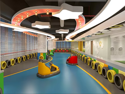 Indoor Playground With Bumper Cars Blue Floor Tire Decorations And Curved Ceiling Lights 3d model
