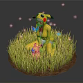 Person in Pikachu Costume with Small Pikachu Figure on Grass with Butterflies and Glowing Spots