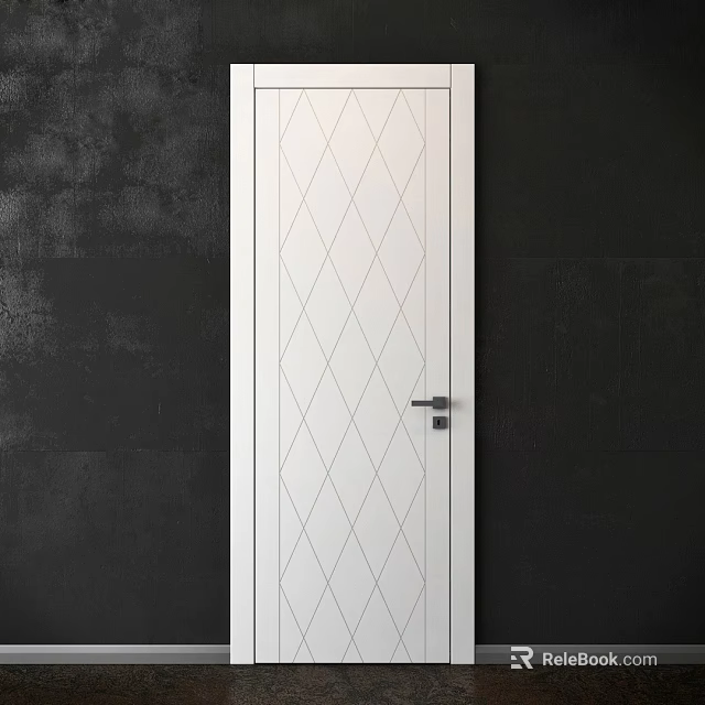 White Hinged Door With Diamond Pattern And Black Handle On Dark Wall 3d model