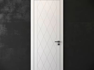 White Hinged Door With Diamond Pattern And Black Handle On Dark Wall 3d model