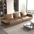 Brown Leather Three Seater Sofa With Marble Coffee Table And Large Window View 3d model