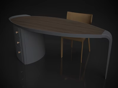Modern Curved Office Desk With Wooden Top Gray Cabinet Drawers And Light Brown Chair 3d model