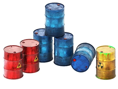 Colorful Industrial Drums With Radioactive Warning Symbols In Red Blue Yellow 3d model