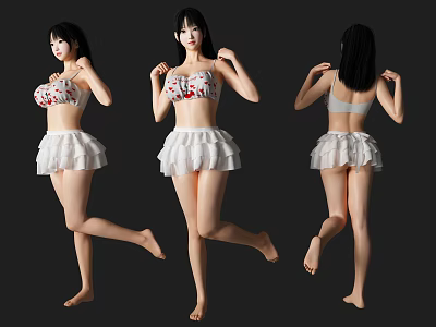 Woman Posing in Floral Top and White Ruffled Skirt from Three Angles 3d model