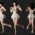 Woman Posing in Floral Top and White Ruffled Skirt from Three Angles