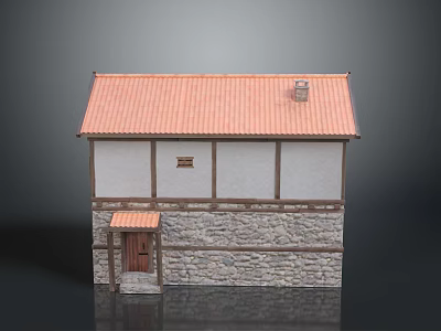 Traditional Building Featuring Red Tiled Roof White Walls Brown Wooden Frames Stone Base And Chimney 3d model