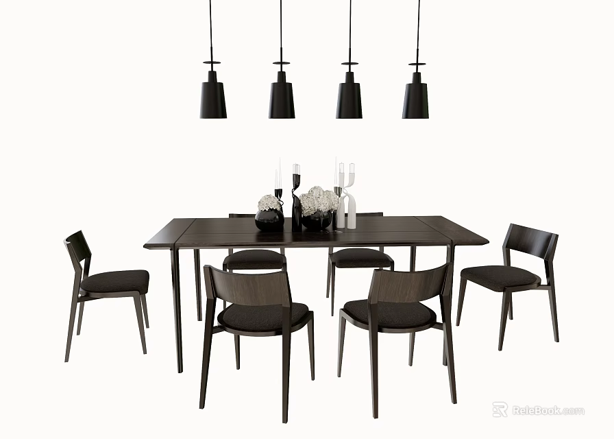 Modern Black Dining Table Set With Six Chairs Decorative Items And Hanging Pendant Lights 3d model 