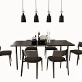 Modern Black Dining Table Set With Six Chairs Decorative Items And Hanging Pendant Lights