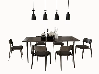 Modern Black Dining Table Set With Six Chairs Decorative Items And Hanging Pendant Lights 3d model
