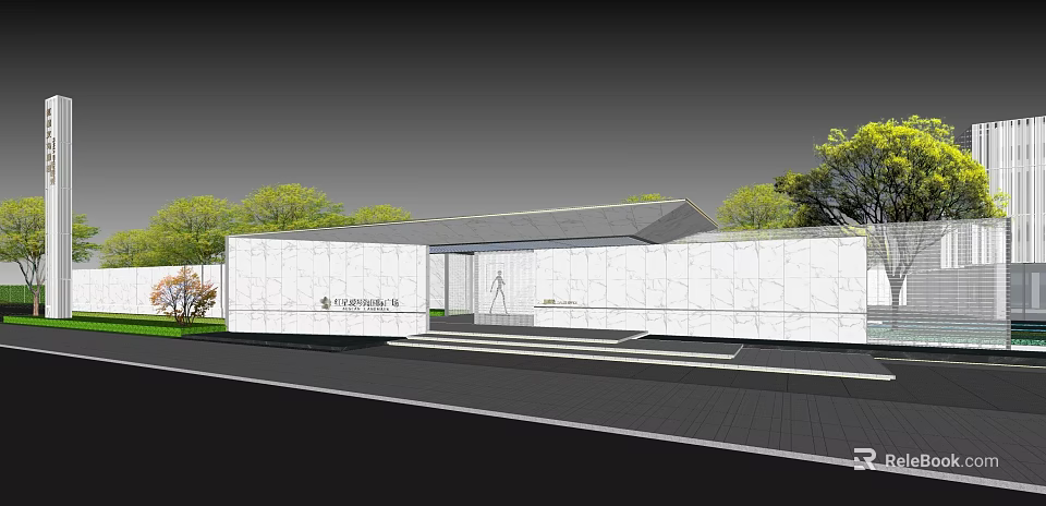 Modern Garden Landscape Design With White Walls Steps And Green Trees 3d model 