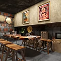 Rustic Bar Interior With Wooden Tables Chairs Wine Racks And Green Plant Decorations