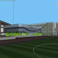 Modern School Building With Curved Glass Facade Green Lawn Running Track And Students