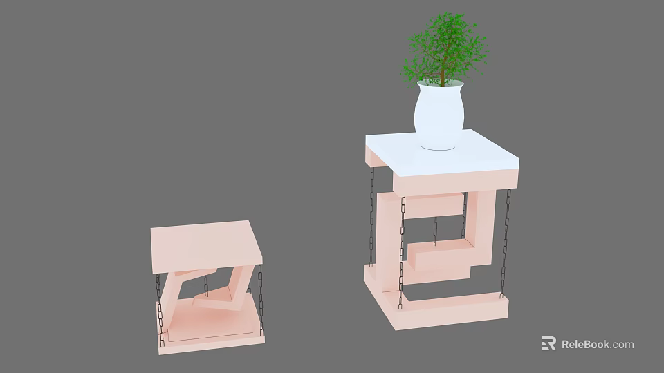 Two Pink Plant Stands with Chain Design Holding White Vase and Green Plant on Top 3d model 