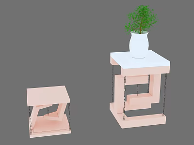 Two Pink Plant Stands with Chain Design Holding White Vase and Green Plant on Top 3d model