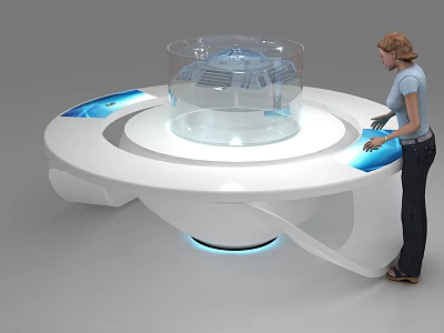 Interactive Commercial Equipment Round Table With Transparent Enclosure Touchscreen Panels And User Operation 3d model