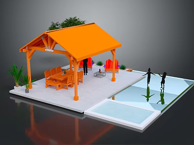 Cartoon Scene of Outdoor Area With Orange Pavilion Bench Table People Pool and Plants 3d model