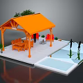 Cartoon Scene of Outdoor Area With Orange Pavilion Bench Table People Pool and Plants