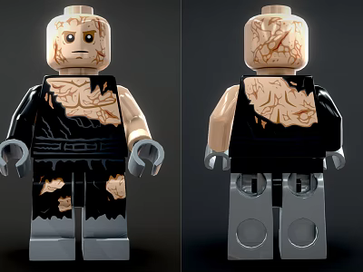 Detailed Building Block Figure With Broken Clothes Cracked Skin Front Back View Design 3d model