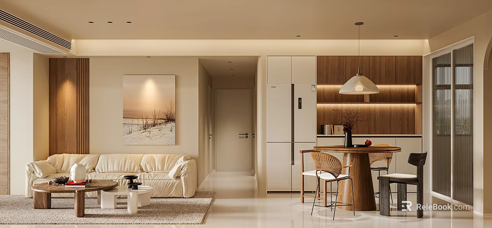 Modern Open Living and Dining Room Interior With Sofa Dining Table and Pendant Light 3d model