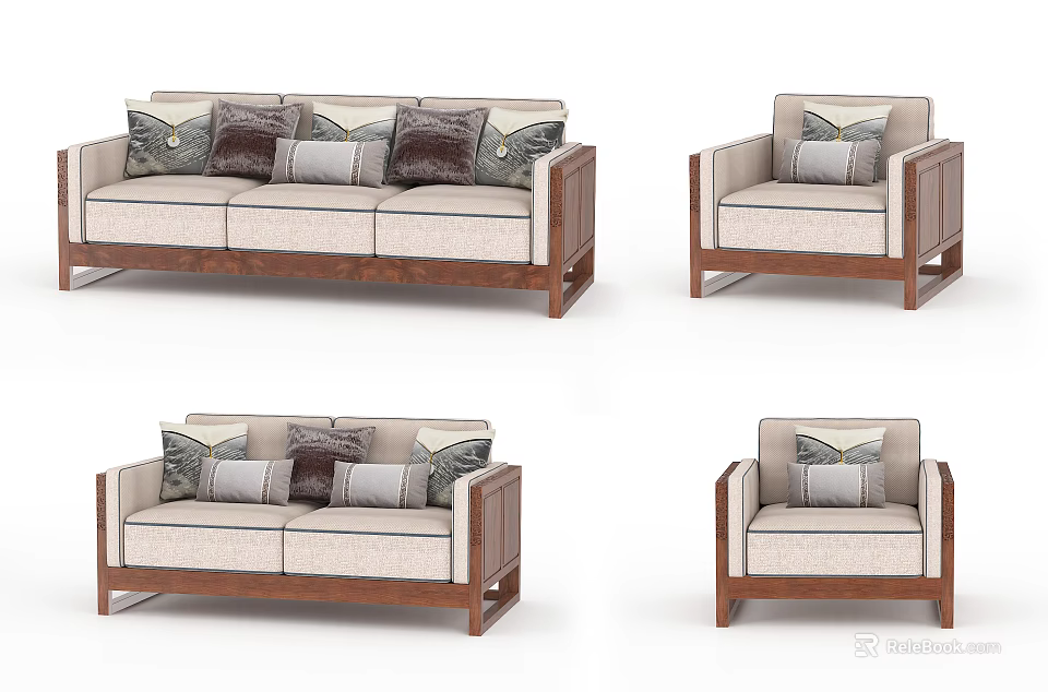 Modern Sofa Set with Wooden Frame Light Colored Cushions and Decorative Pillows 3d model