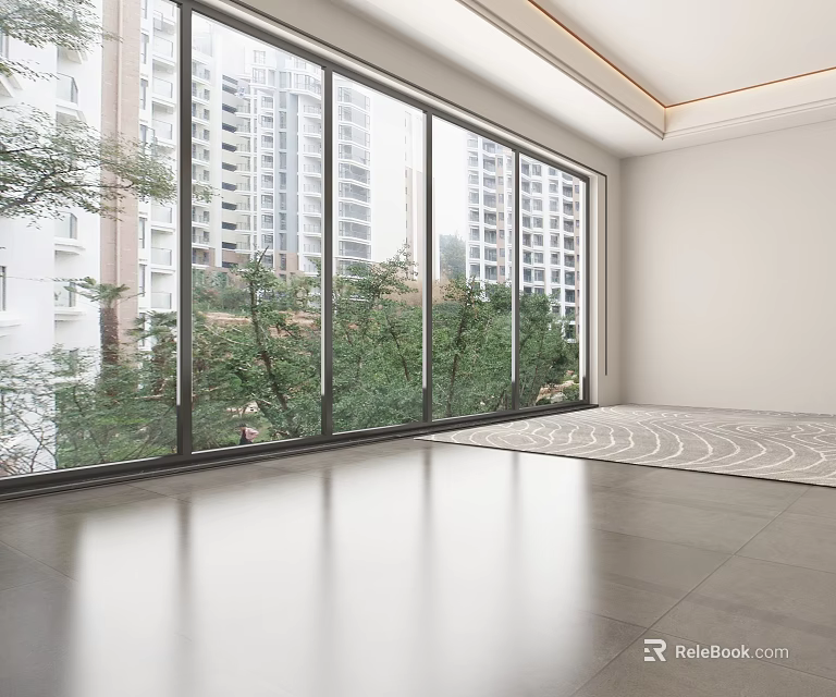 Modern Study Room Interior Design With Large Windows Trees And Area Rug 3d model 