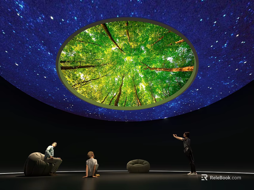 Visitors Enjoy Museum Exhibition With Circular Forest View And Starry Sky 3d model 