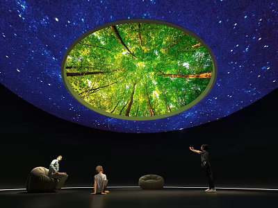 Visitors Enjoy Museum Exhibition With Circular Forest View And Starry Sky 3d model