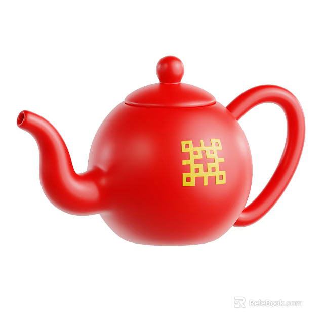 Traditional Chinese Red Teapot Decorative Ornament Set With Yellow Double Happiness Symbol 3d model 