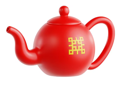 Traditional Chinese Red Teapot Decorative Ornament Set With Yellow Double Happiness Symbol 3d model
