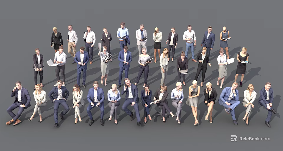 Diverse Group of Business Professionals in Formal Attire Standing and Sitting 3d model 