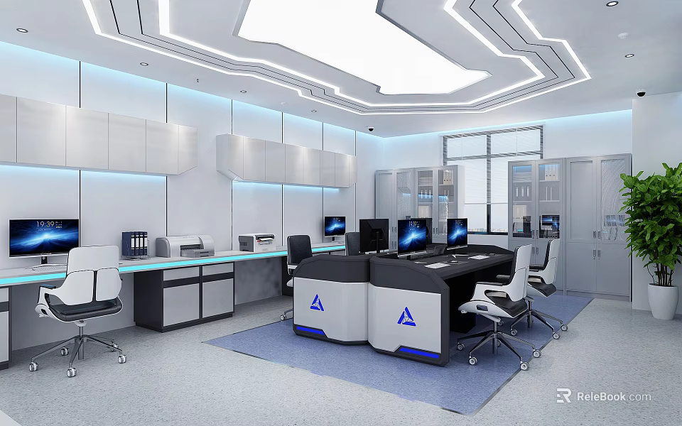 Modern Office Interior With Multiple Workstations Computer Monitors White Chairs And Ceiling Lighting 3d model