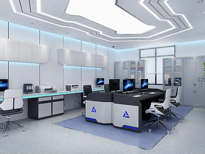 Modern Office Interior With Multiple Workstations Computer Monitors White Chairs And Ceiling Lighting 3d model