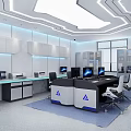 Modern Office Interior With Multiple Workstations Computer Monitors White Chairs And Ceiling Lighting 3d model
