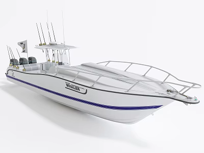 White Sportfishing Yacht With Blue Stripe Open Deck Fishing Tower And Rod Holders 3d model