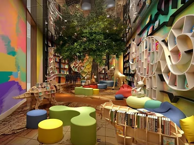 Colorful Kindergarten Interior With Bookshelves Green Plants Playful Seating And Cozy Corners 3d model