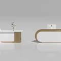 Modern Reception Desk Design With Curved White Surface Wooden Trim And Small Plant