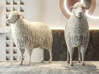 Modern Interior Decor With Decorative Sheep Sculptures And Geometric Wall Design 3d model