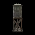 Vintage Metal Water Tower Structure With Wooden Support And Ladder