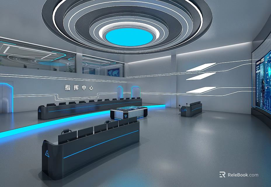 Efficient Modern Control Room Interior Design With Control Consoles Monitor Screens And Comfortable Seats 3d model 