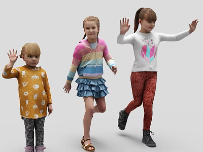 Three Girls Waving Dancing In Colorful Outfits With Dresses Tops And Pants 3d model