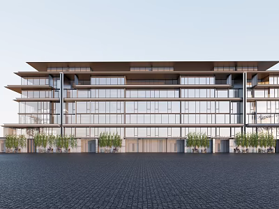 Modern Multi story Building Exterior With Glass Curtain Wall And Front Green Plants 3d model