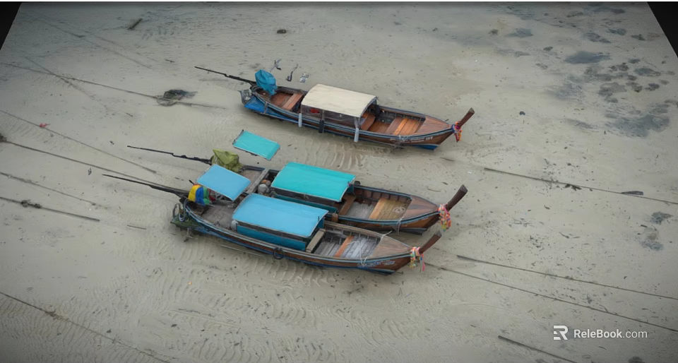 Two Wooden Fishing Boats With Blue Canopies Parked On Sandy Beach 3d model 