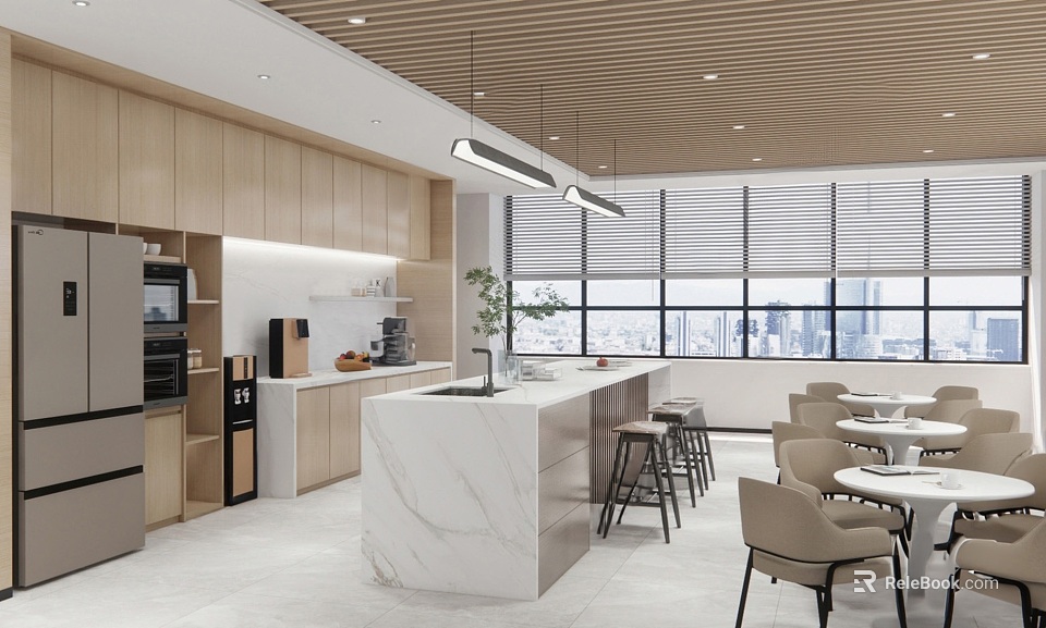 Modern Tea Room Interior Design With Wooden Cabinets Marble Countertop Coffee Machine And Tables Chairs 3d model 