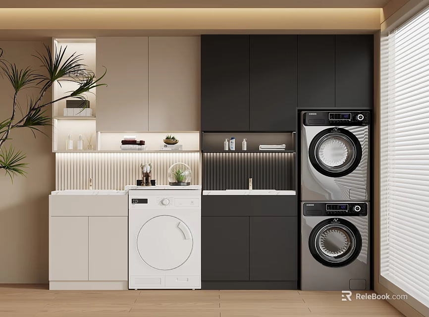 Modern Laundry Room With Washing Machine Dryer Cabinets And Green Plant 3d model 